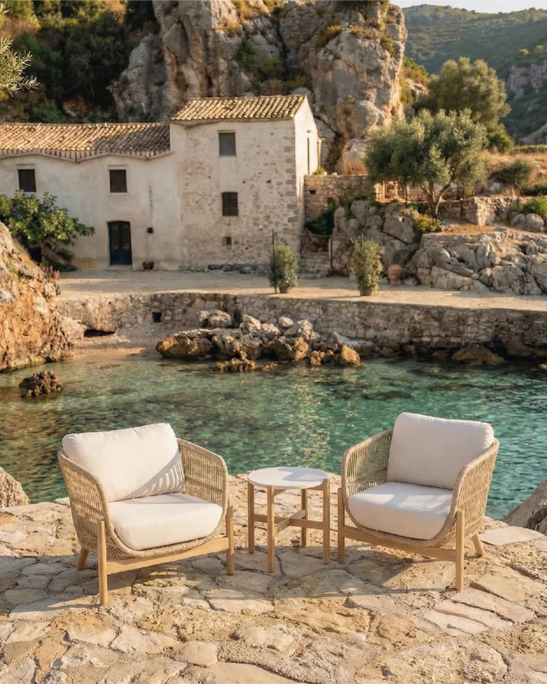 Terrassengarnitur Holz und Seil 2 Sessel und Tisch