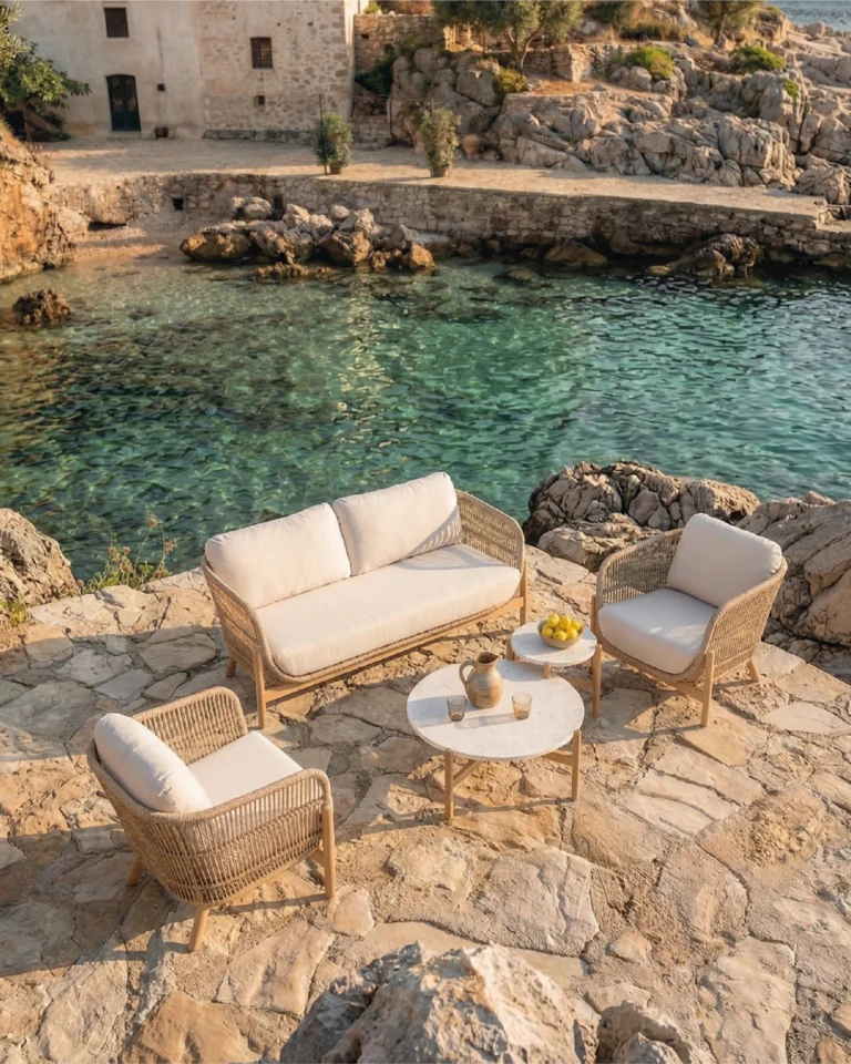 Gartengarnitur Holz und Seil mit 2 Tischen, 4 Sitzplätzen