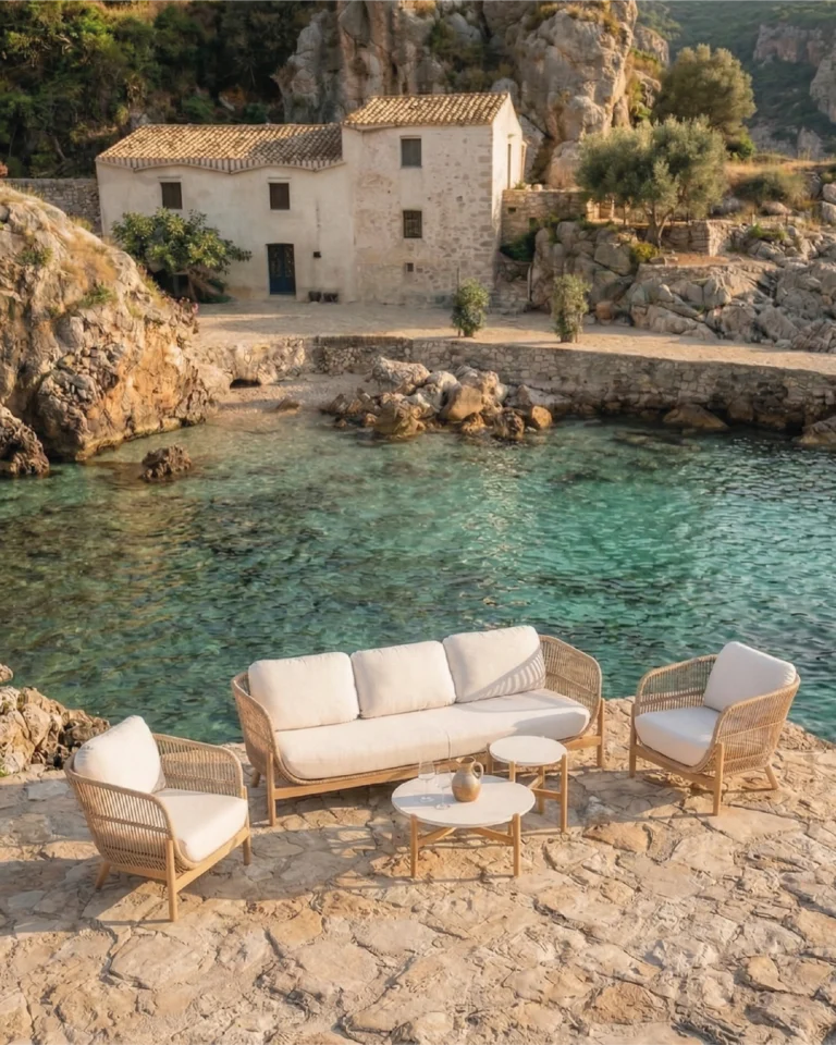 Gartengarnitur Holz und Seil mit 2 Tischen, 5 Sitzplätzen