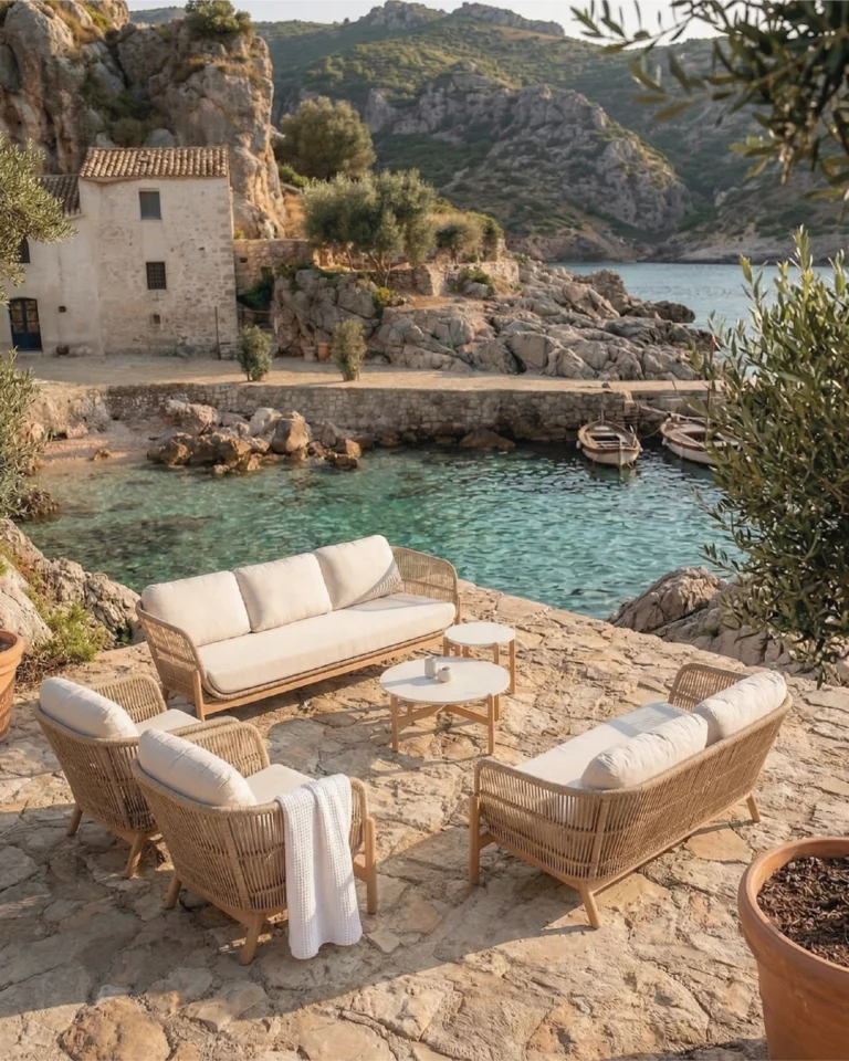 Gartengarnitur Holz und Seil mit 2 Tischen, 7 Sitzplätzen