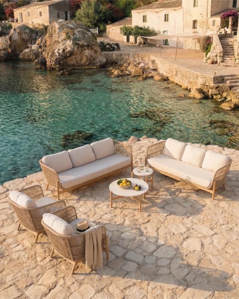 Gartengarnitur Holz und Seil mit 2 Tischen, 8 Sitzplätzen