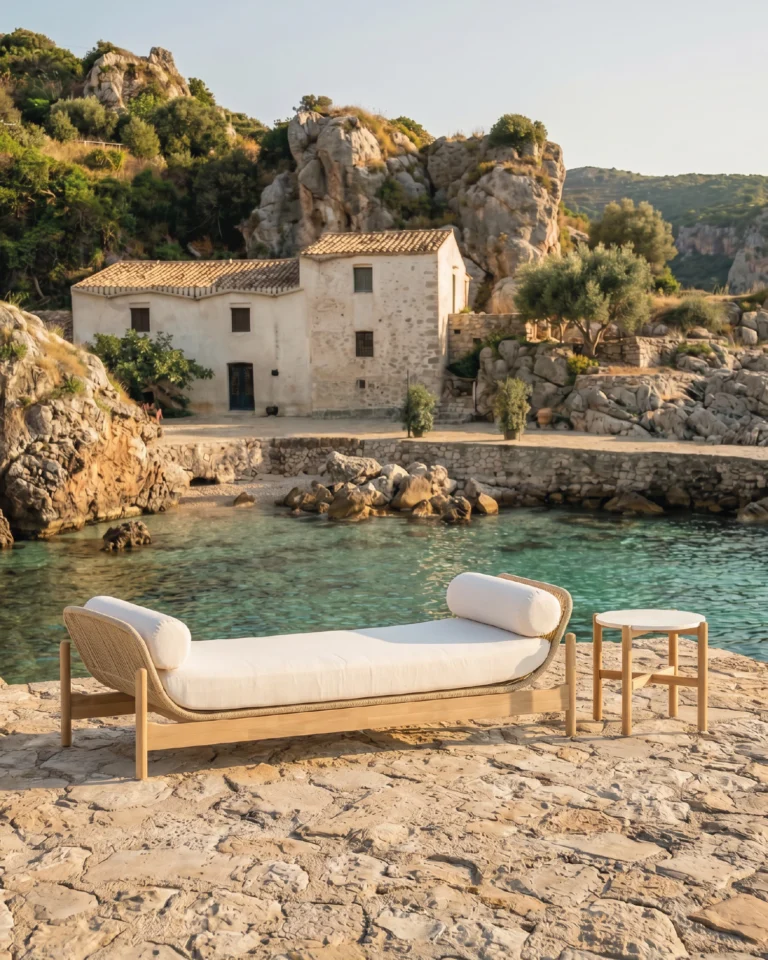 Set aus Lounge und Tisch aus Holz und Seil für den Außenbereich