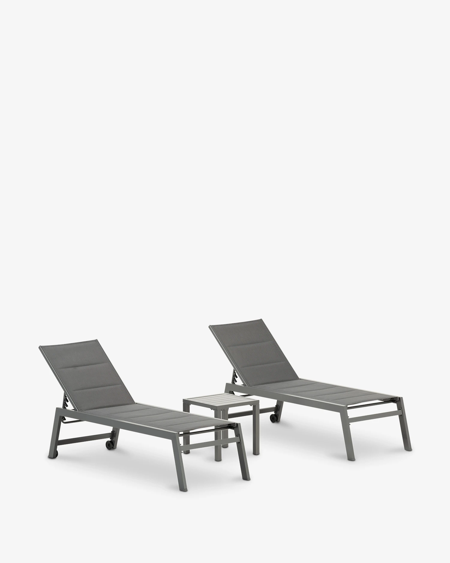 High aluminium and grey textilene sun loungers with wheels