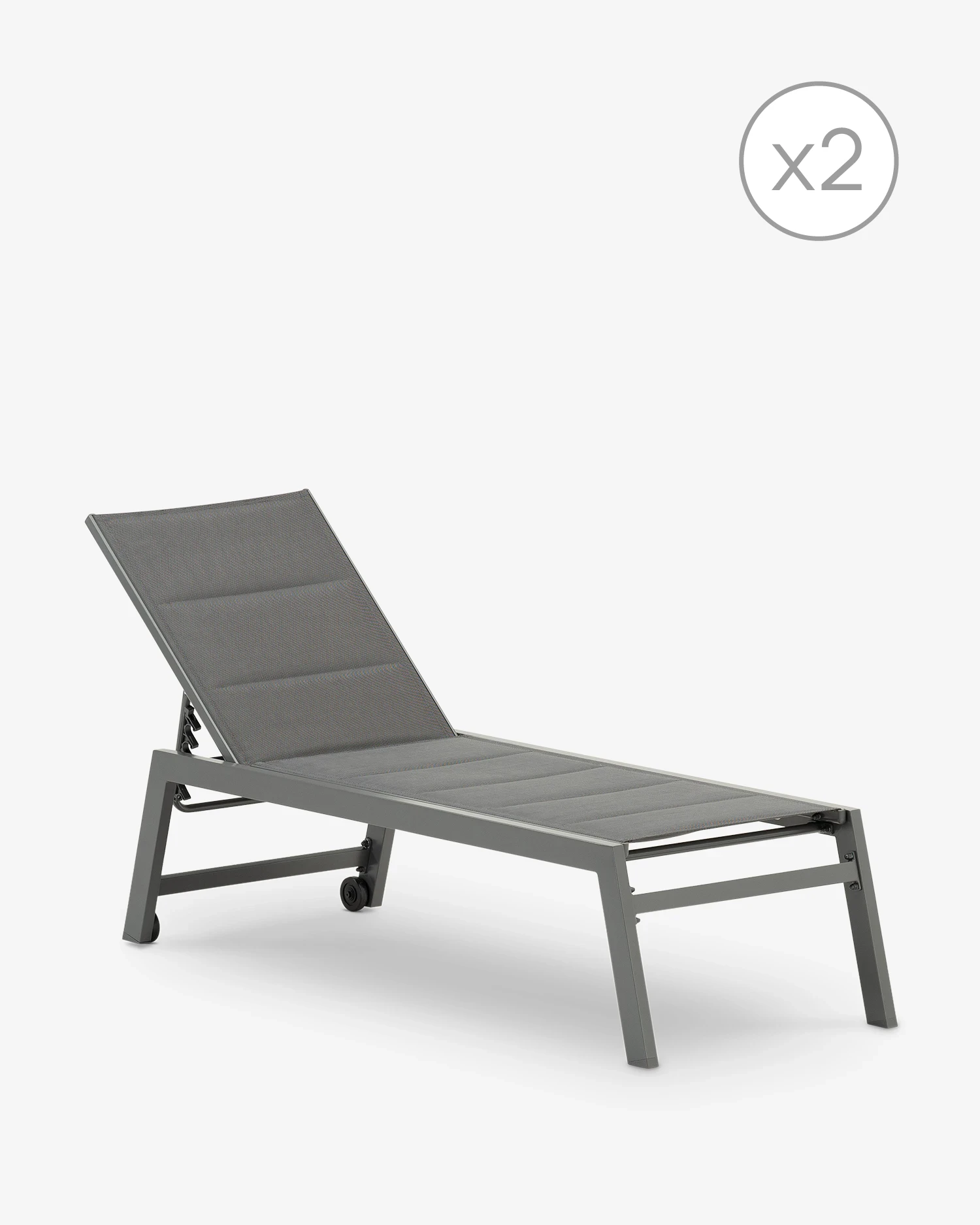 High aluminum and gray textilene sun lounger with wheels