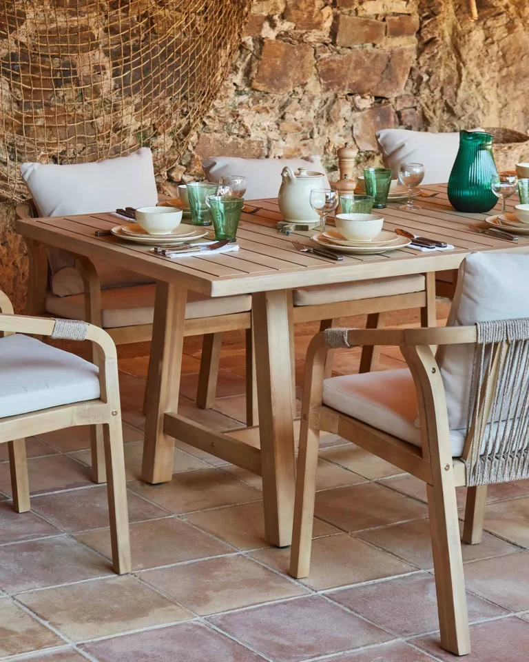 Garden dining set wood and rope 6 seats