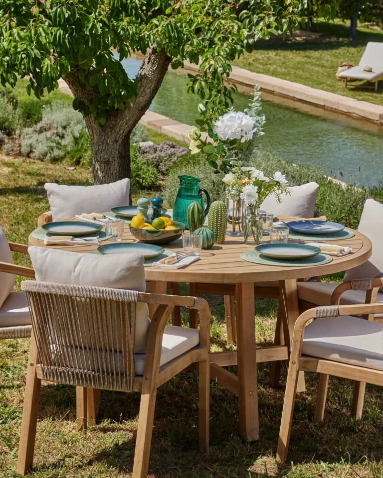 Garden dining set wood and rope 6 seats