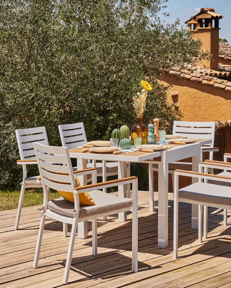 6-seater wood imitation garden dining set white