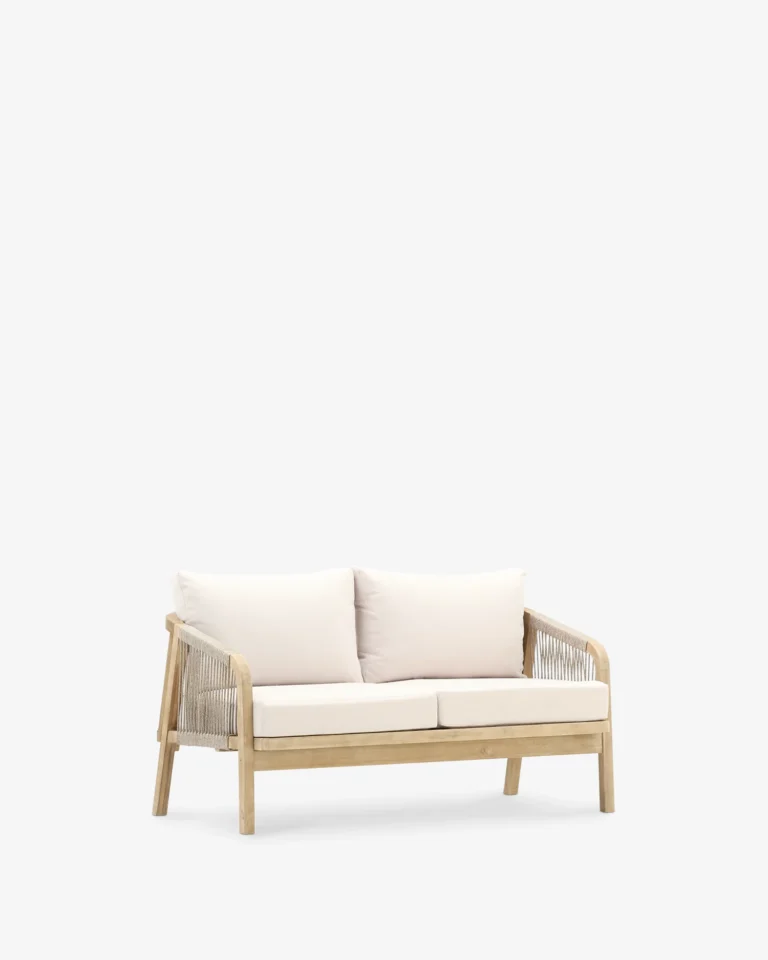 2-seater garden sofa wood and beige rope