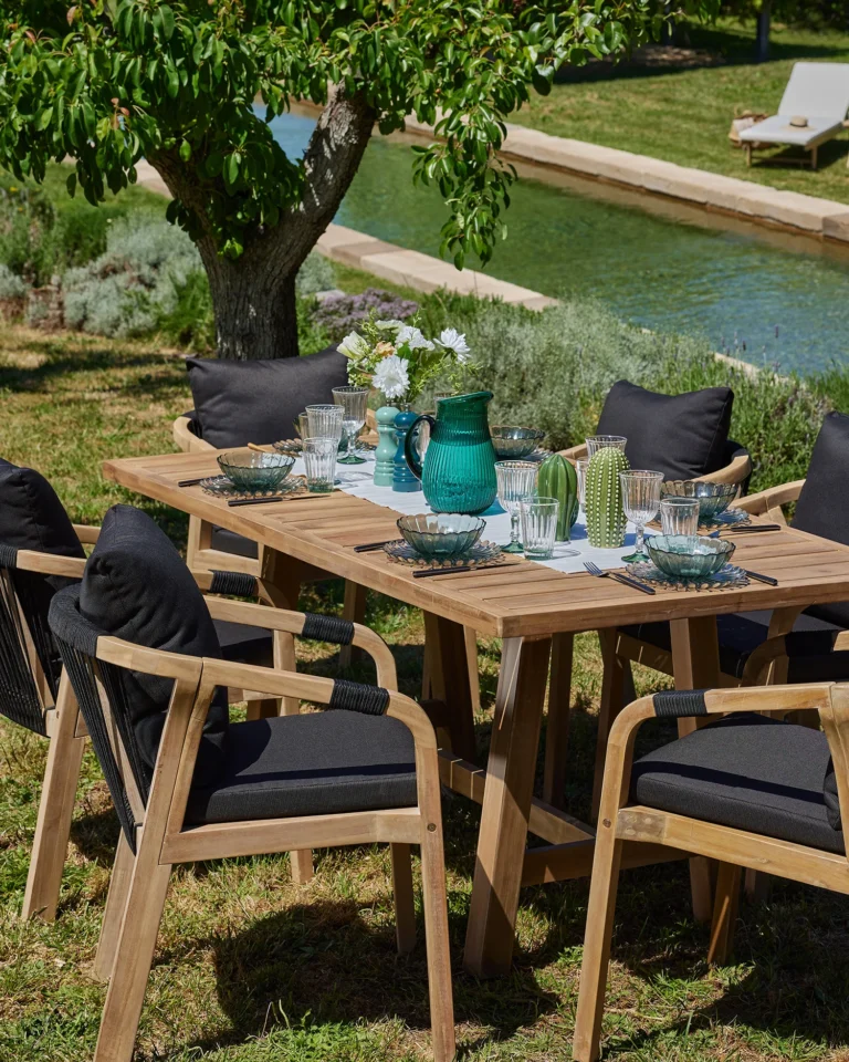 Garden dining set wood and rope 8 seats