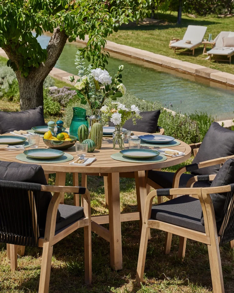 Round dining set garden wood and rope 6 seats