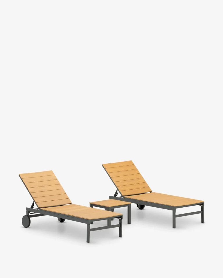 Set of 2 sun loungers and anthracite imitation wood table