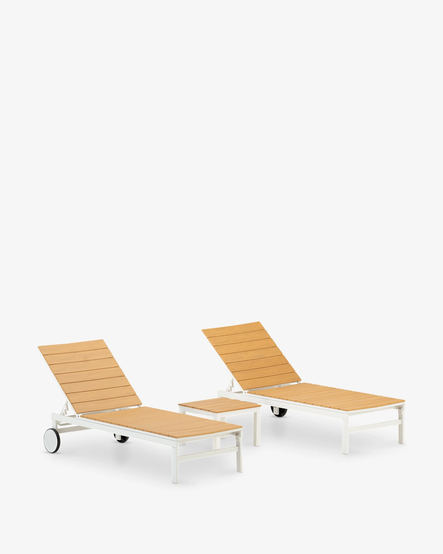 Set of 2 sun loungers and table in white imitation wood