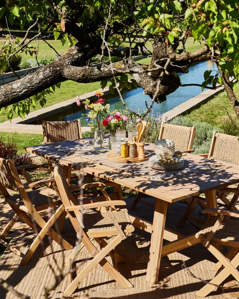 Garden dining set wood and synthetic rattan 6 seats