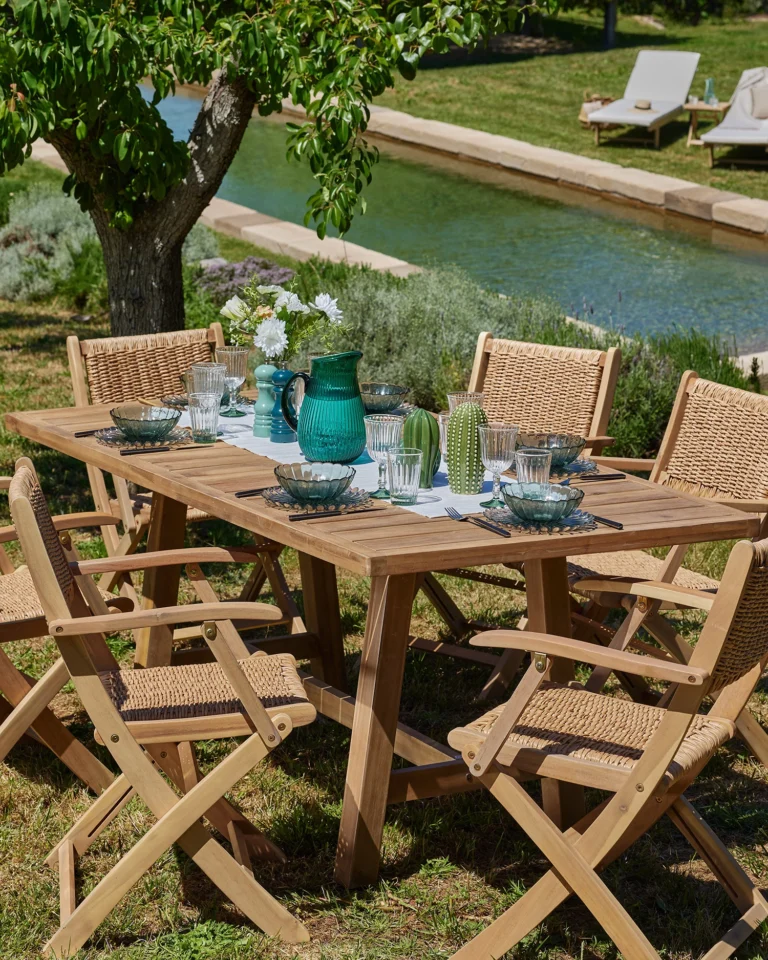 Garden dining set wood and beige rope 8 seats