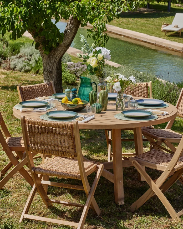 Round set garden wood and synthetic rattan 6 seats