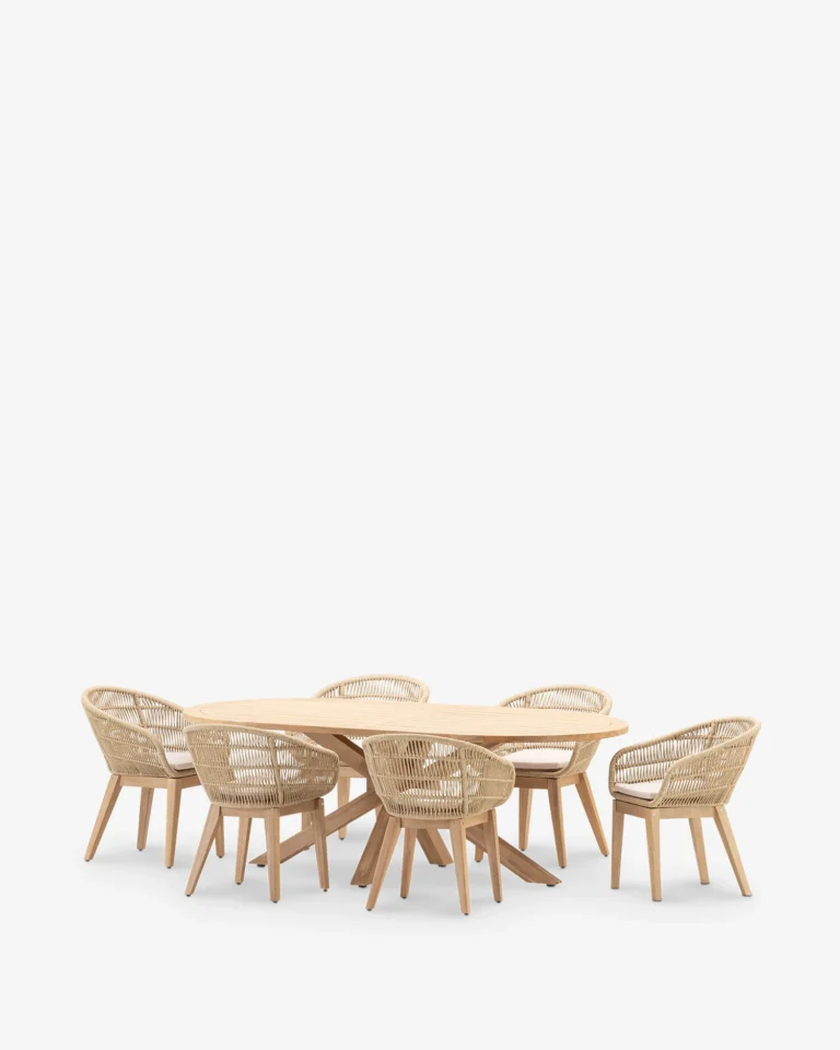 Oval garden set wood and beige rope 6 seats