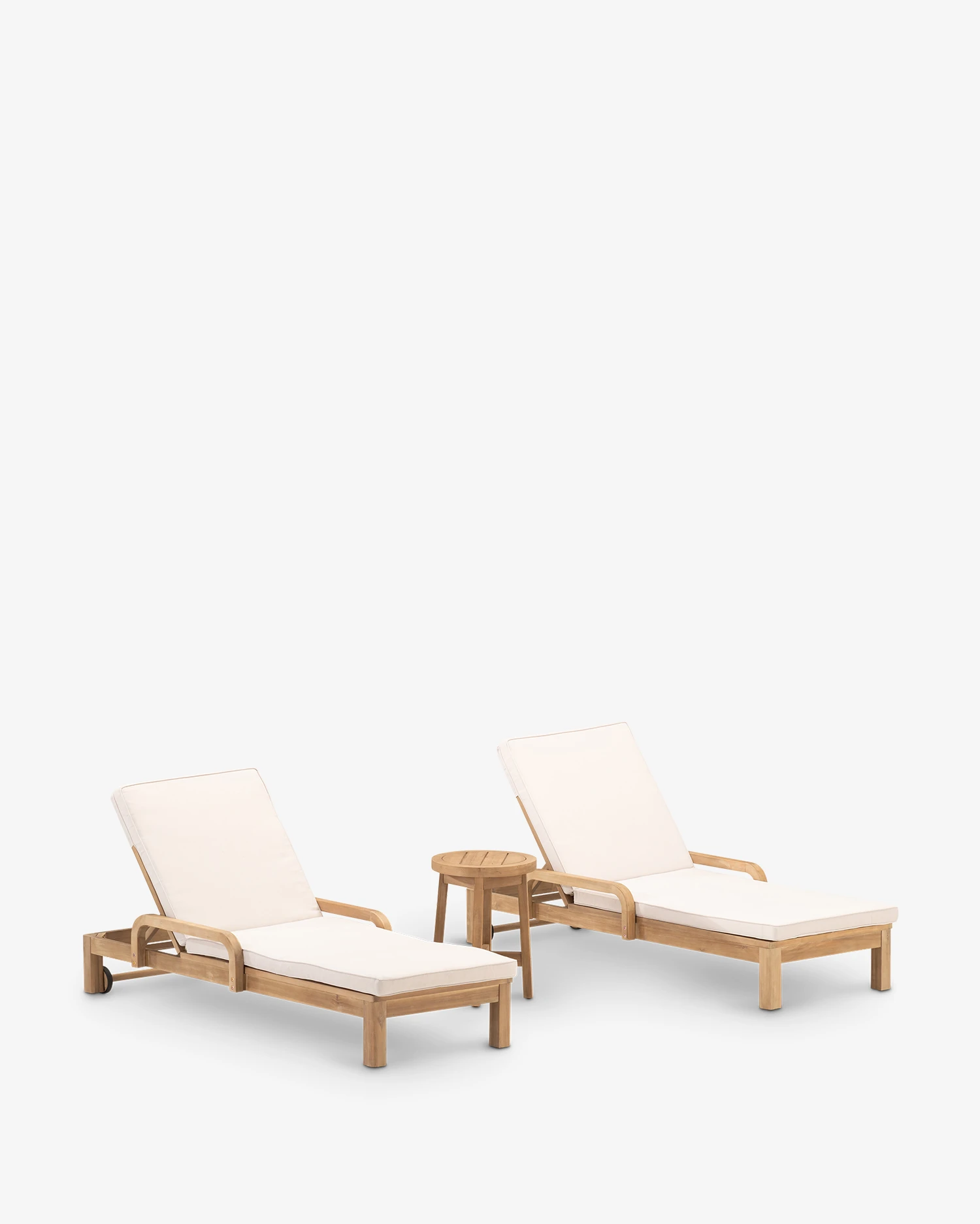 Pack de 2 chaises longues et table de jardin en bois avec coussin et roulettes