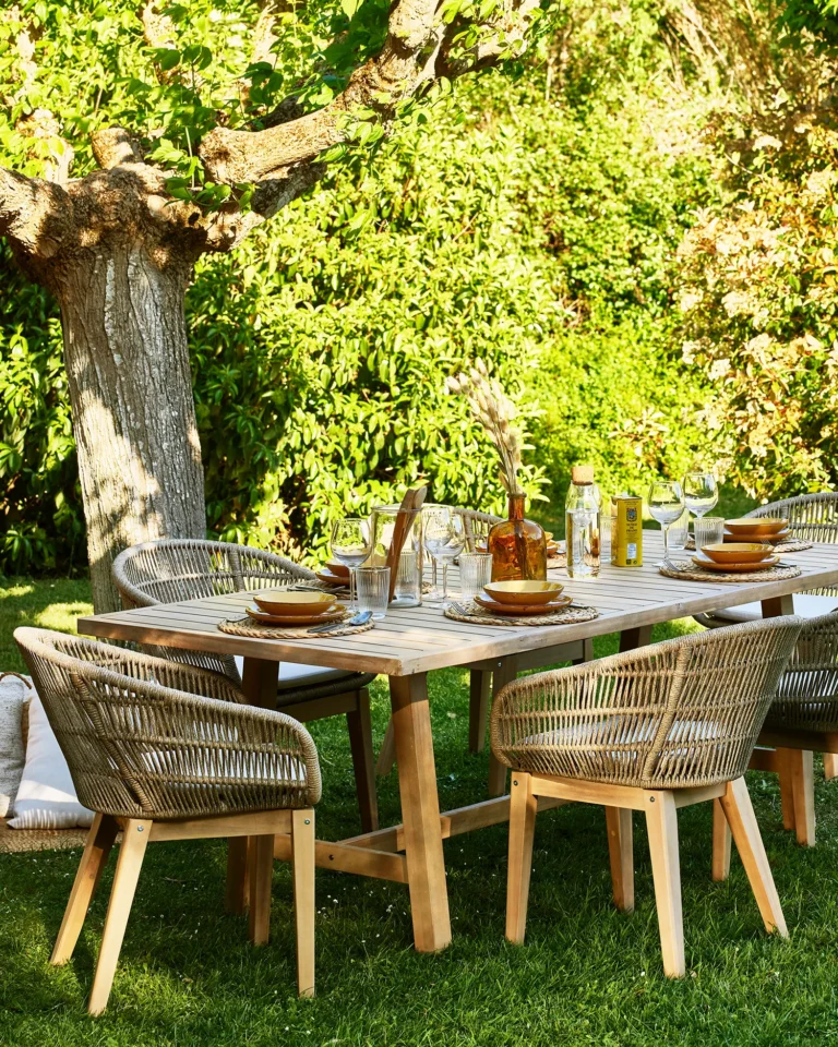 Garden dining set wood and beige rope 8 seats