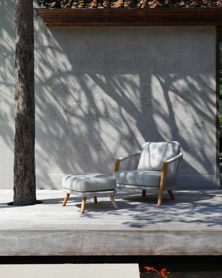 Armchair and footrest teak wood and rope