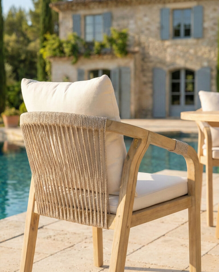 Бежов външен стол, дърво и въже