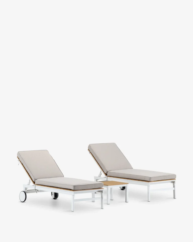 Set of 2 sun loungers and table in white imitation wood