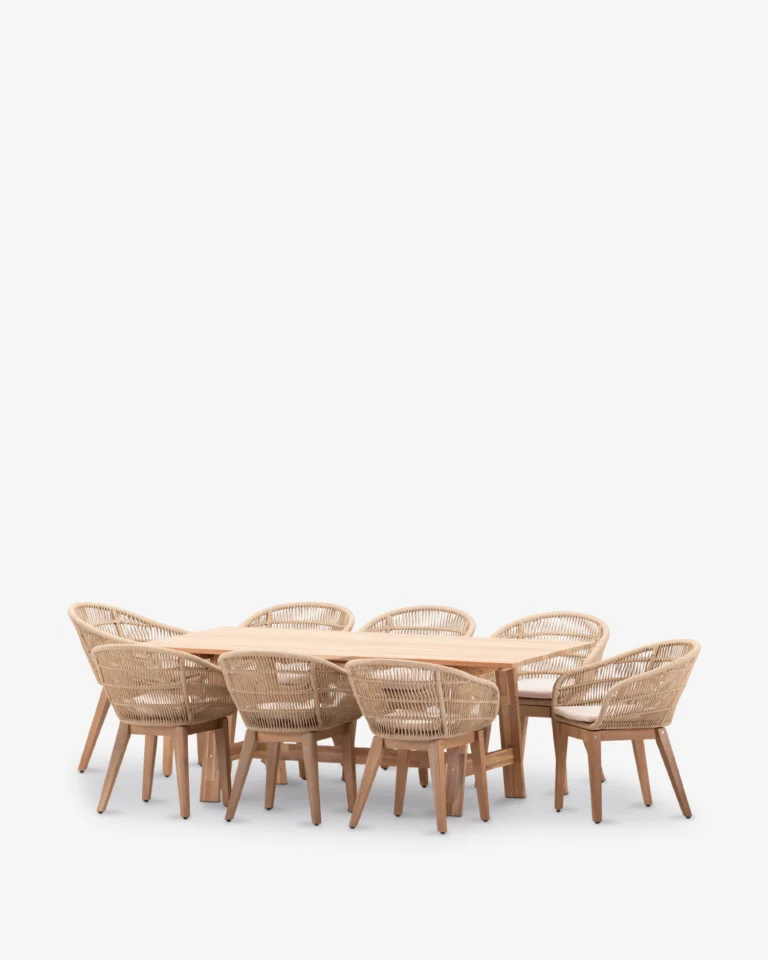 Conjunto comedor jardín madera y cuerda beige 8 plazas