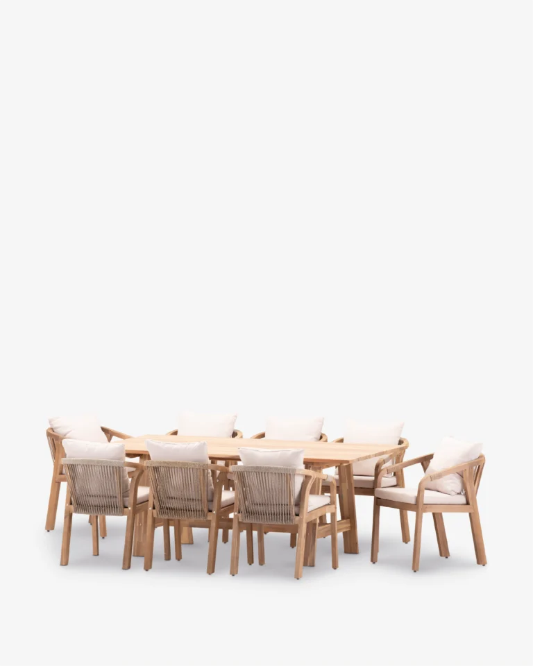 Conjunto comedor jardín madera y cuerda beige 8 plazas