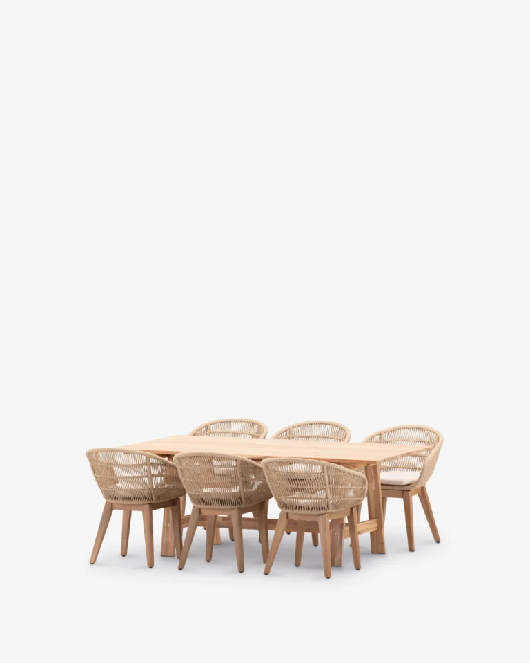 Conjunto comedor jardín madera y cuerda beige 6 plazas
