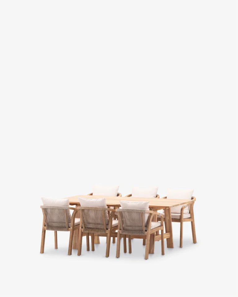 Conjunto comedor jardín madera y cuerda beige 6 plazas