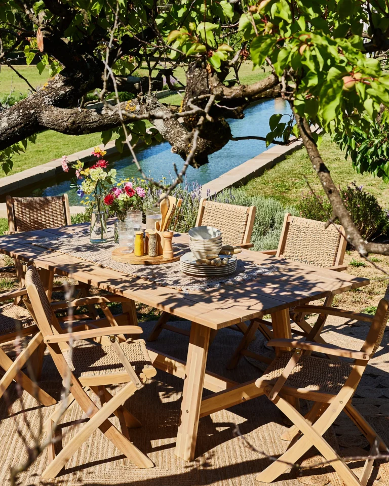 Garden dining set wood and synthetic rattan 8 seats