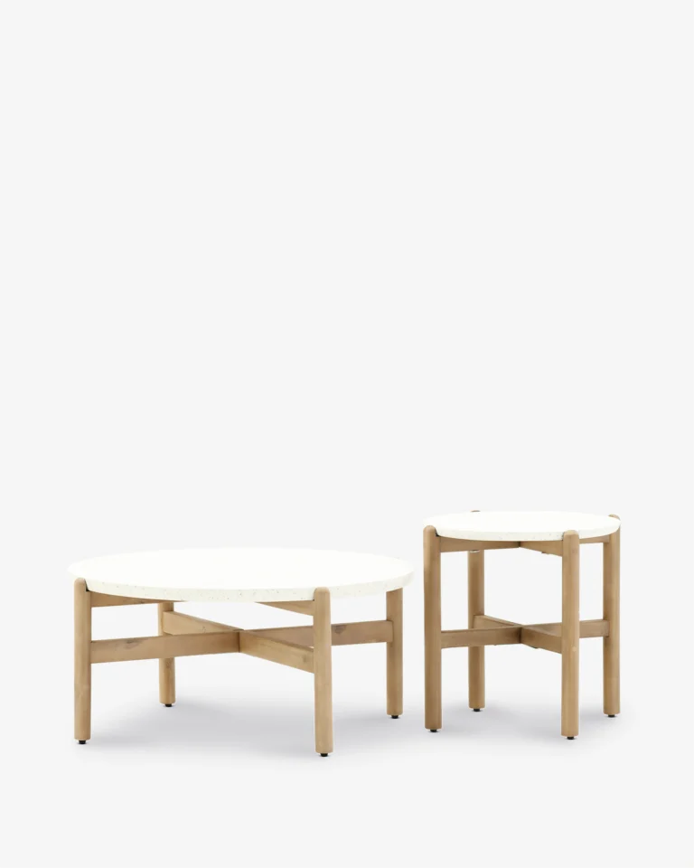 Set of 2 outdoor wood and terrazzo tables