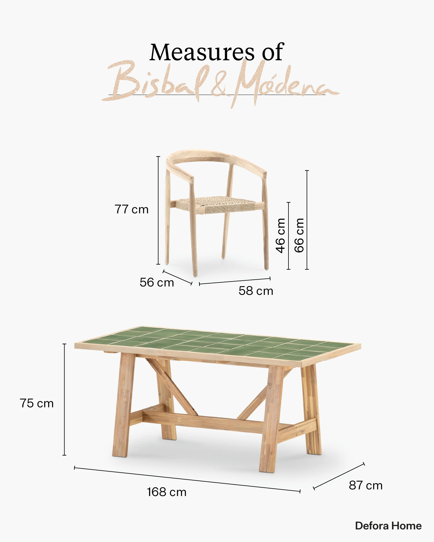 Rectangular chair and table. Bisbal Modena. Measurement