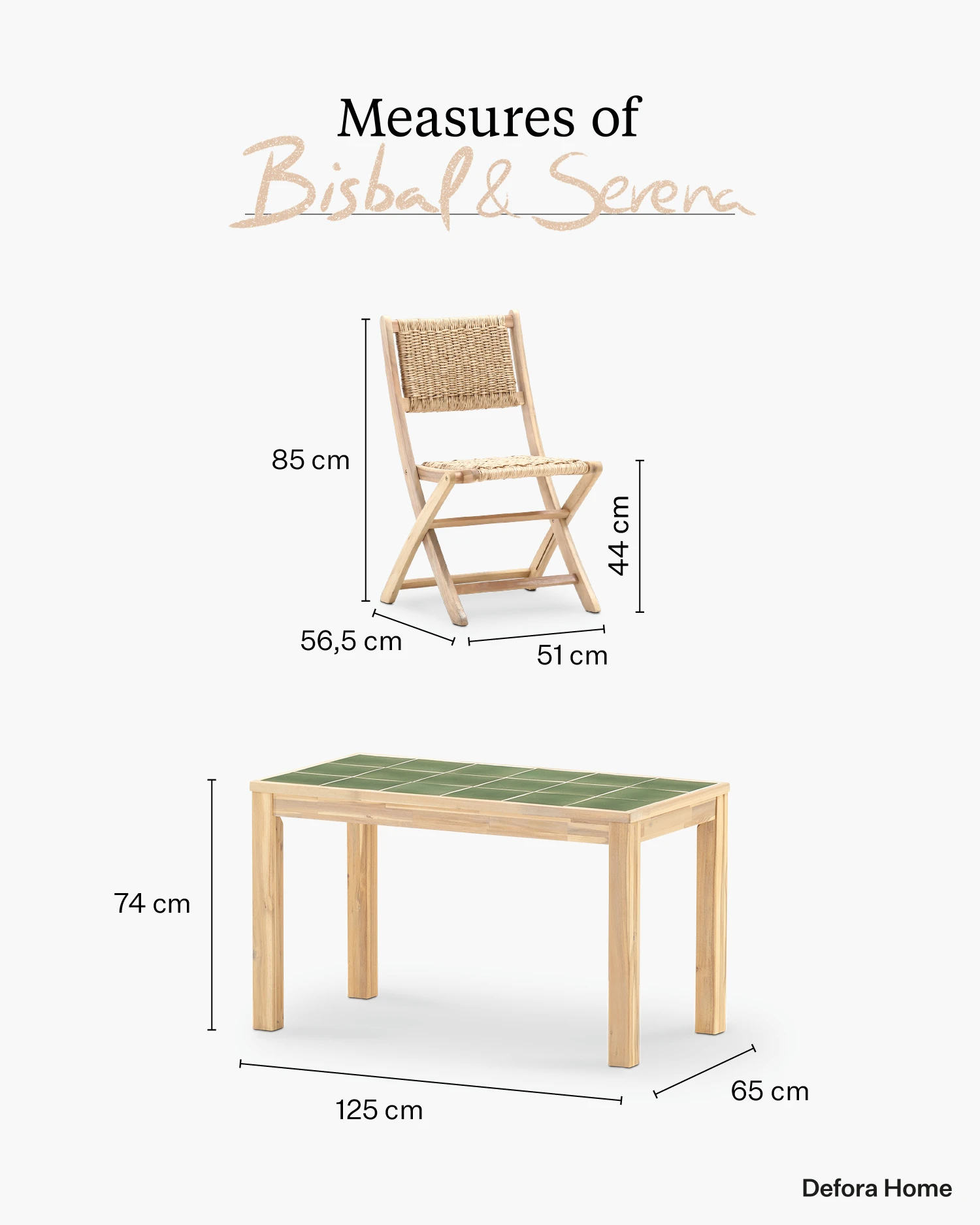 Rectangular chair and table. Bisbal Serena. Measurement