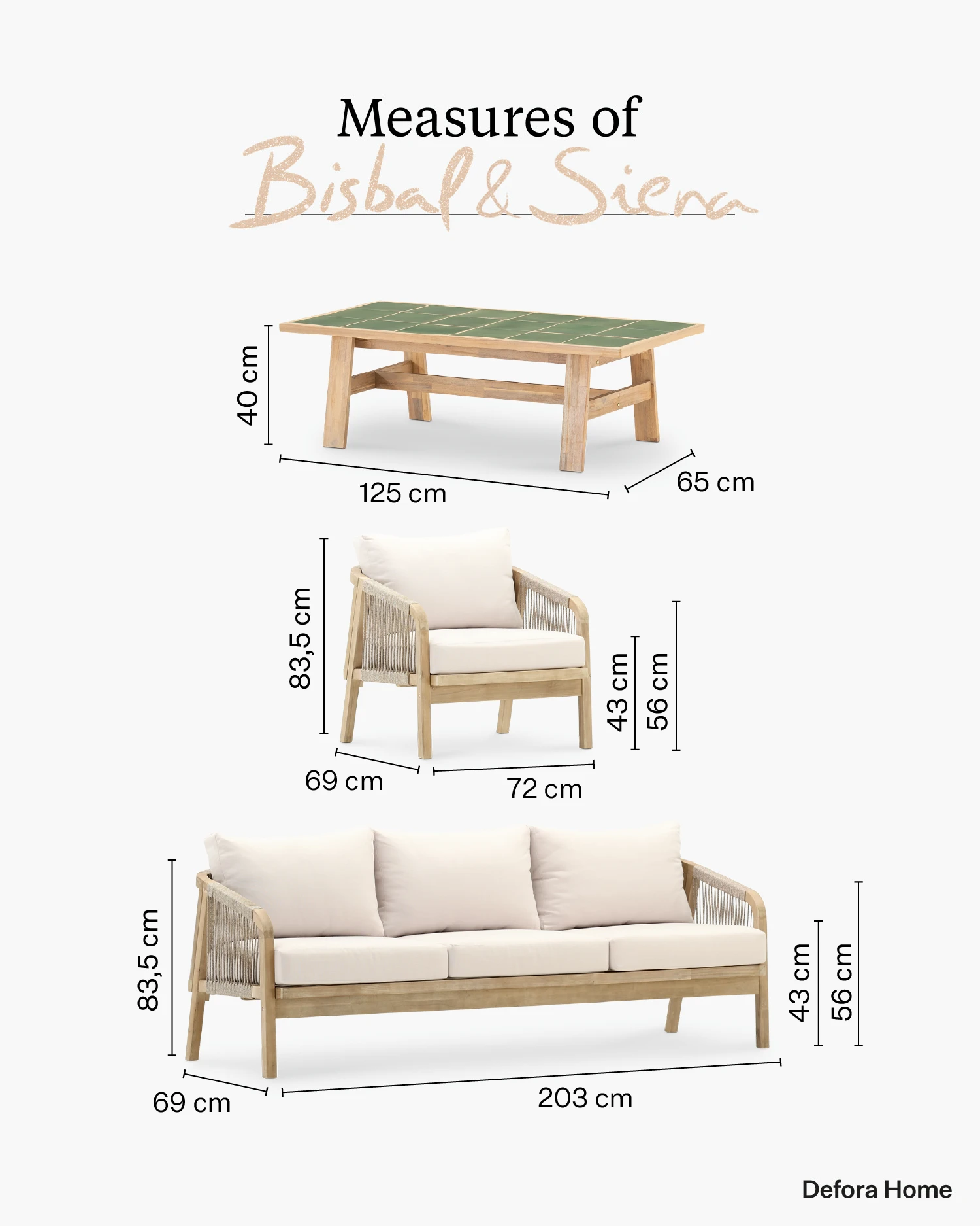 Silla y mesa rectangular. Bisbal Siena. Medidas