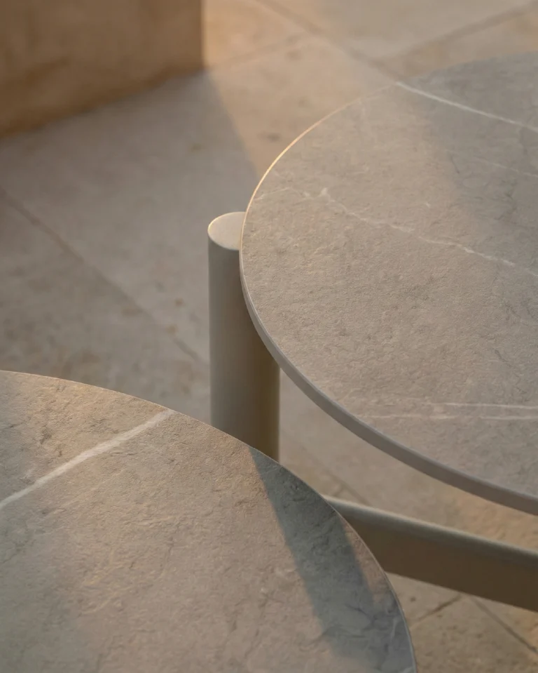 Round beige and stone imitation garden low table 84cm