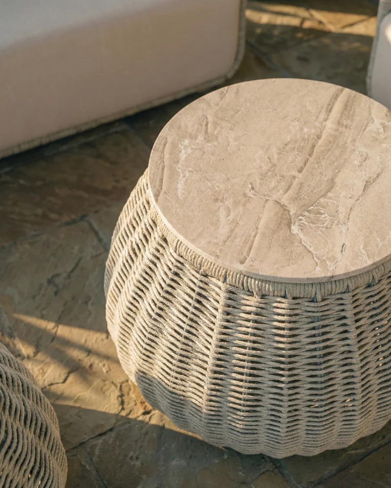 Low round garden table with gray rope and stone 70cm