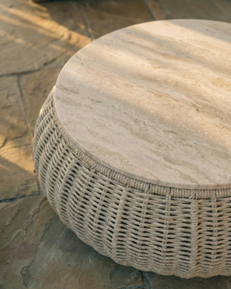 Round low garden table with gray rope and stone 105cm