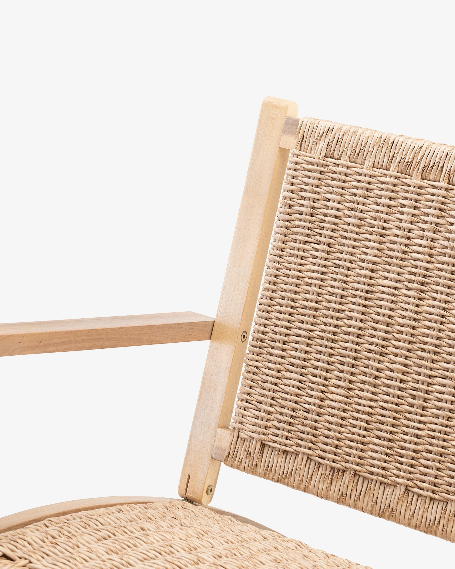 Folding chair backrest with wooden structure and synthetic rattan