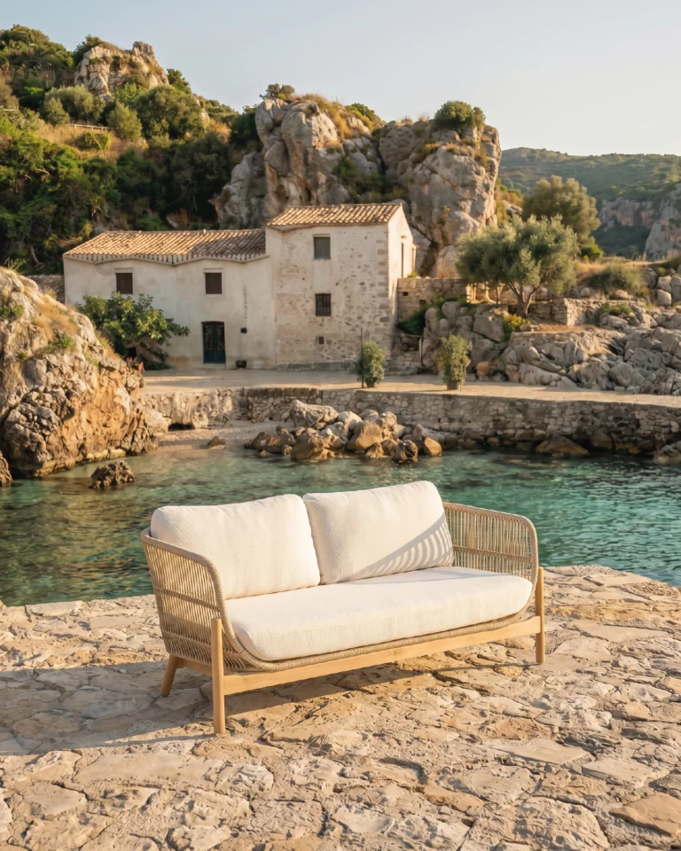 Sofá de exterior 2 plazas madera y cuerda beige