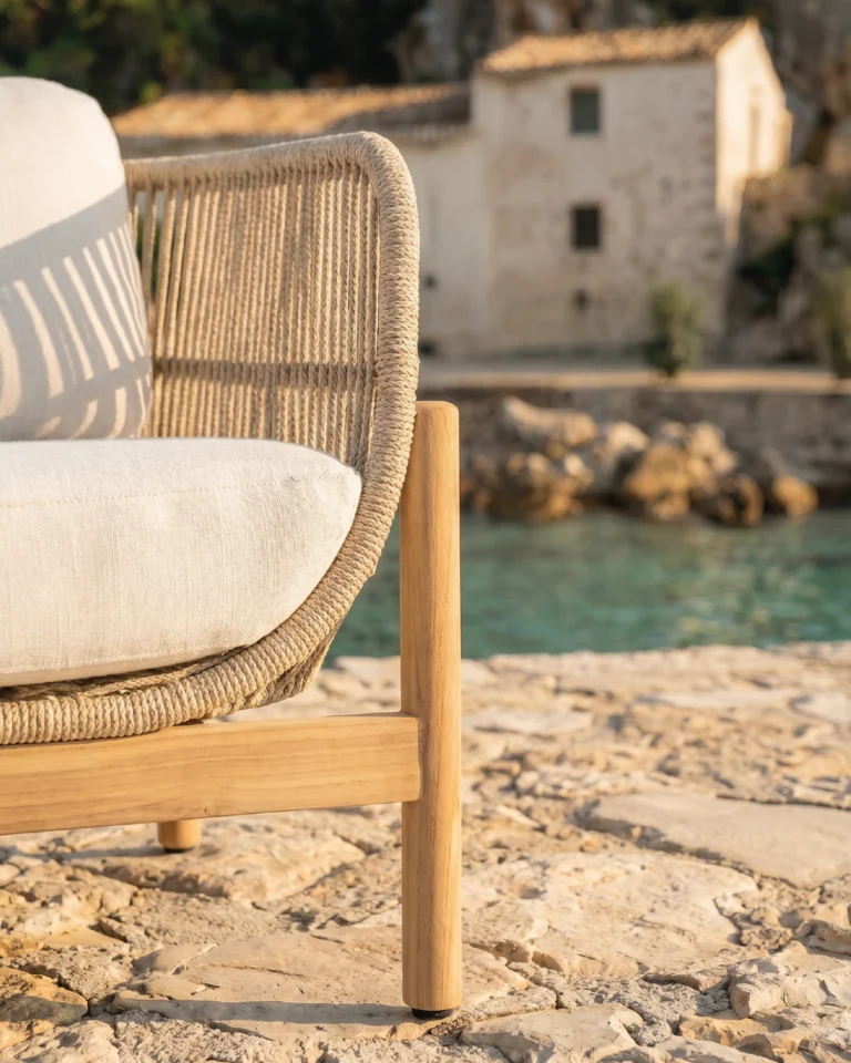 Sofá de exterior 3 plazas madera y cuerda beige