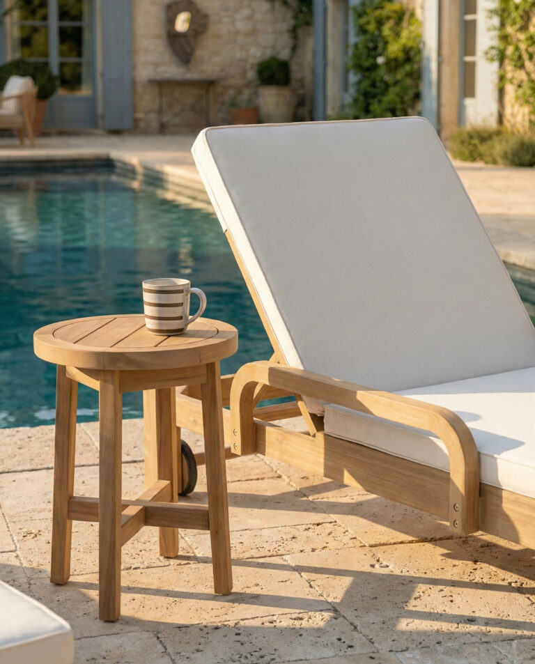 Confezione da 2 lettini e tavolo da giardino in legno con cuscino e ruote