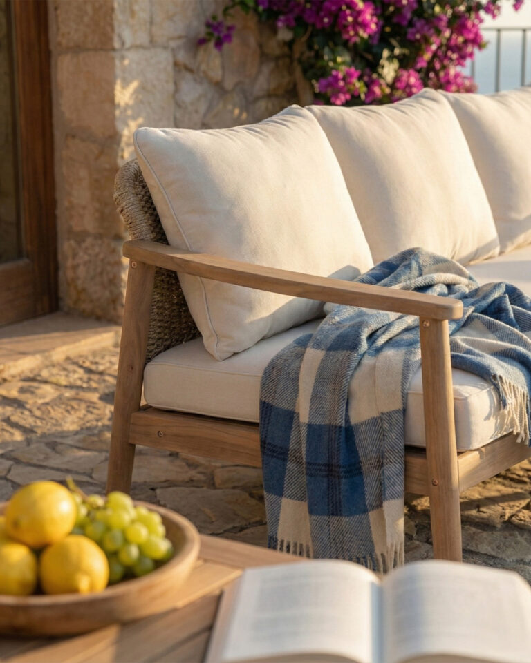 Sofà de jardí fusta i corda beix 3 places