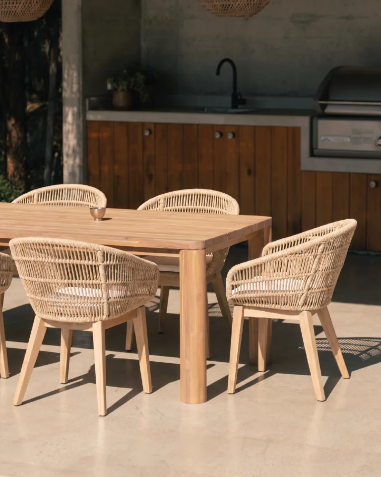 Conjunto de comedor de jardín madera y cuerda 6 plazas