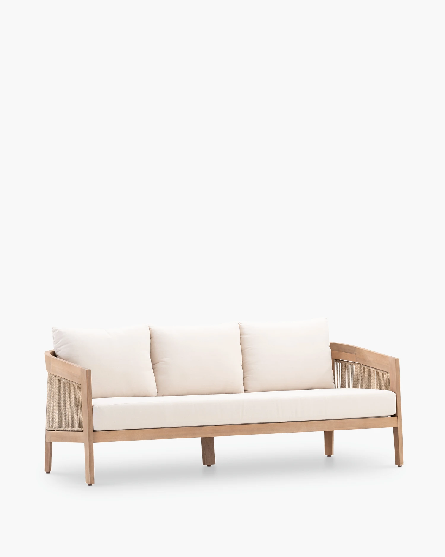 3-seater garden sofa wood and beige rope with exact measurements