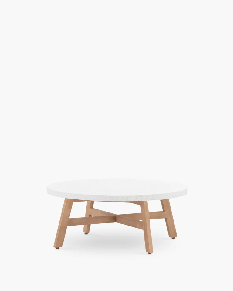 Round low garden table wood and terrazzo 100cm