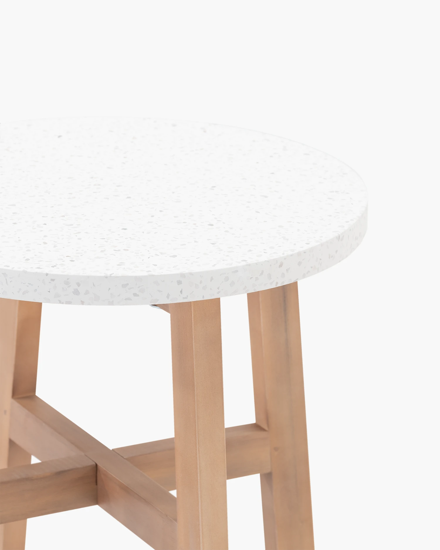 Low round garden table wood and terrazzo