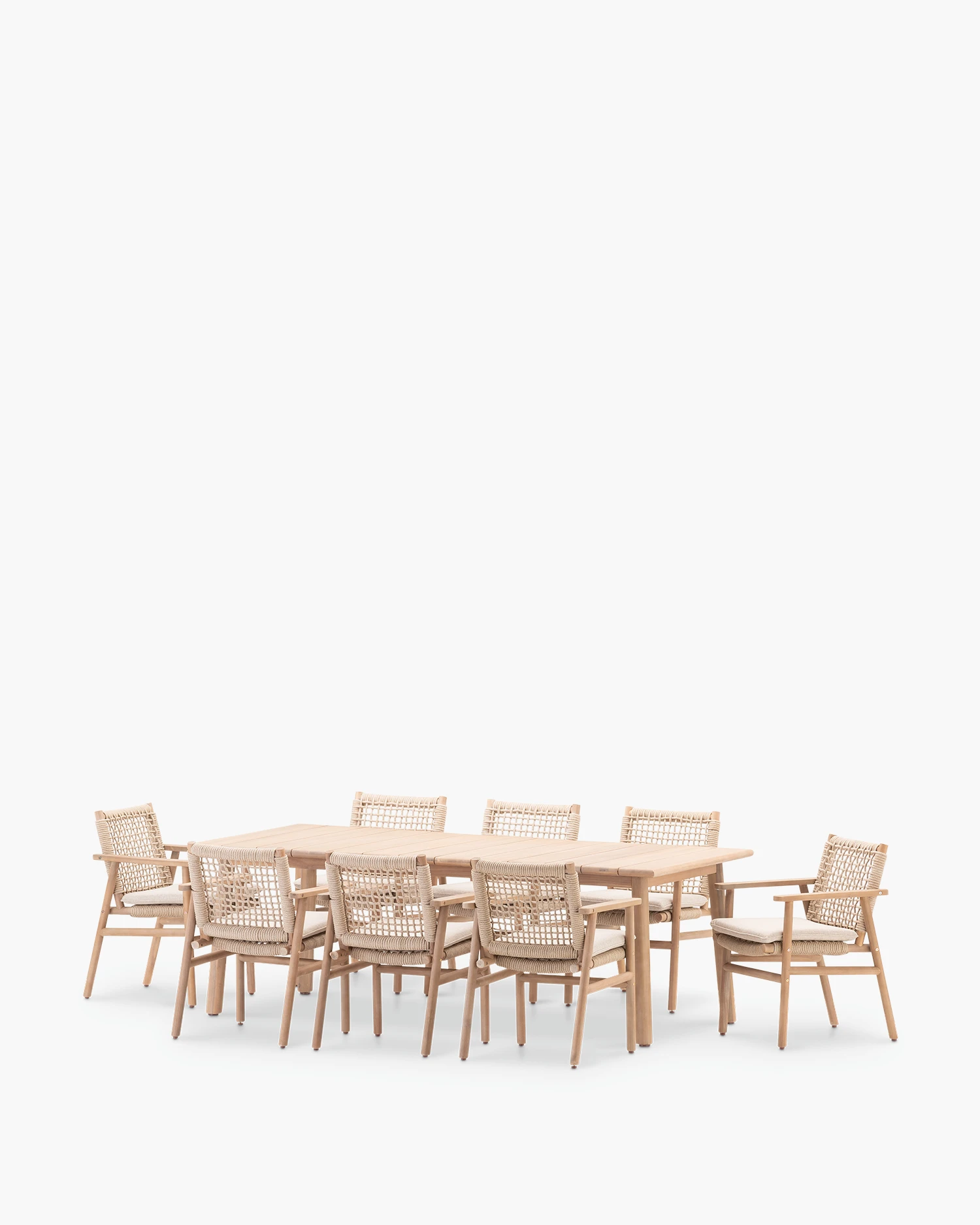 Beige wood and rope dining set 8 seats