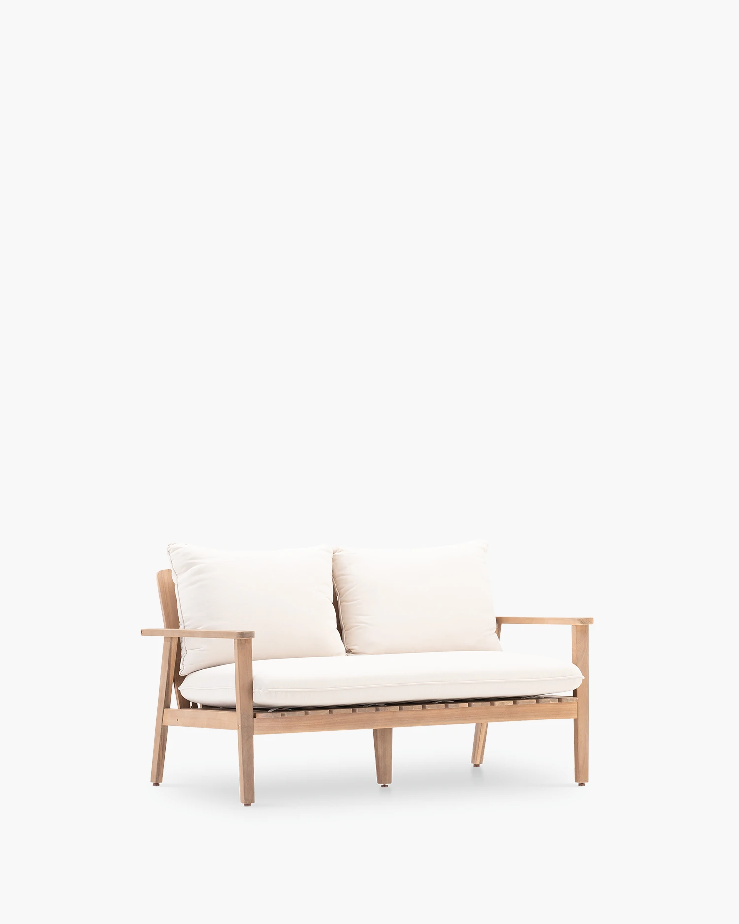 2-seater garden sofa in wood and raw color cushions