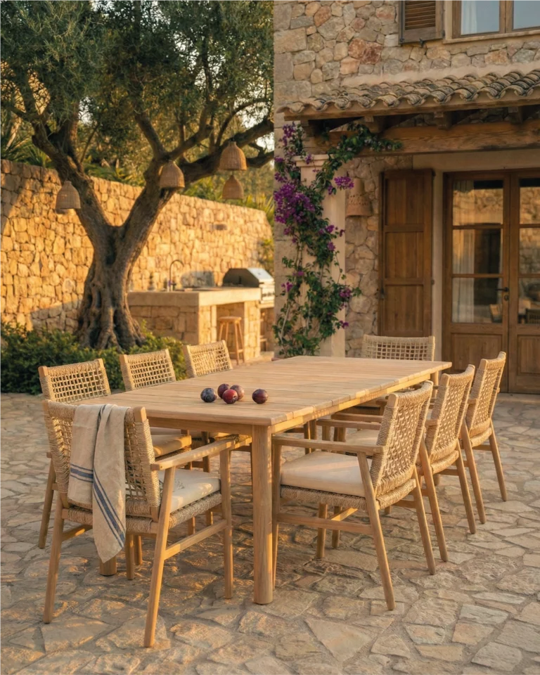 Esszimmergarnitur aus beigefarbenem Holz und Seil mit 8 Sitzen