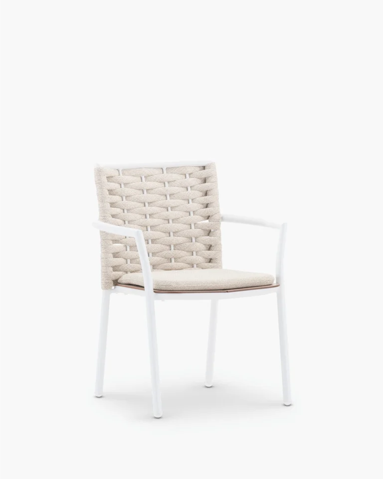 Stackable white garden chair and beige rope